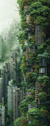 nature reclaiming urban spaces in a dynamic and visually striking graphic Show a side view of an urban area gradually transforming into a green oasis, with plants