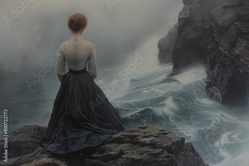 Abstract Oil painting features a beautiful woman lady standing amidst the storm by the ocean wall art, moody vintage farmhouse style digital art print, wallpaper, background
