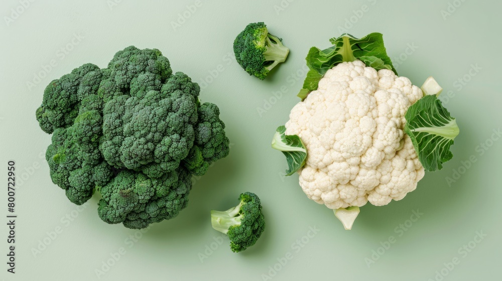 Broccoli and cauliflower layered on a light green background generative ai Broccoli and cauliflower layered on a light green background generative ai
