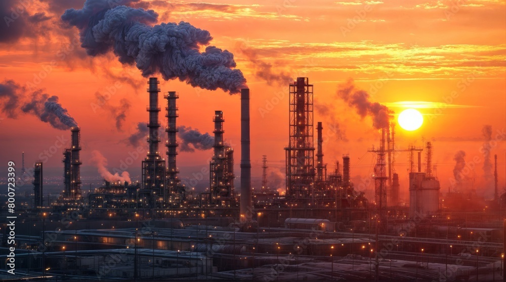 Oil refinery at sunset. Oil and gas industry. Refinery plant