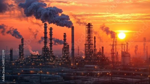 Oil refinery at sunset. Oil and gas industry. Refinery plant