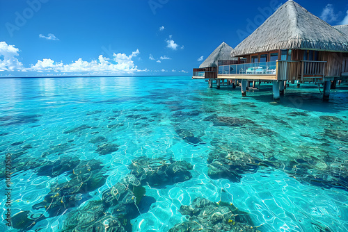 A tranquil lagoon in Bora Bora with crystal-clear waters and overwater bungalows dotting the shoreline  perfect for a relaxing vacation