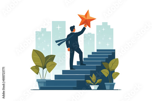 confident smart businessman climbs the ladder to the top to achieve valuable star award