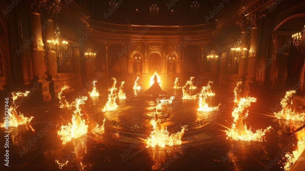 Obraz premium In a grand palace hall the dance floor is lit up by swirling flames that seem to dance in synchrony with the elegant movements of . .