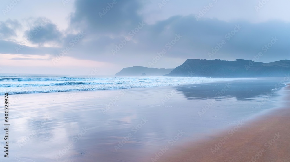 Early morning warm dawn light seascape beach ocean shore, overcast, empty, wide banner