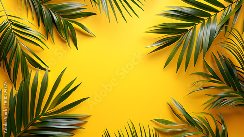 palm tree leaves on yellow background,generative ai