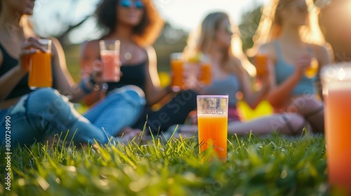 A group of people enjoying a postworkout stretch on a grassy field with glasses of fresh juice in hand. photo