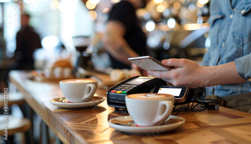 A person is using a credit card to pay for coffee at a cafe