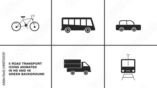 Road transport animated icons. including bus, bicycle, car, van and train. smooth animation for symbolizing the transportation. all 5 transport icons animated in single video clip white background.