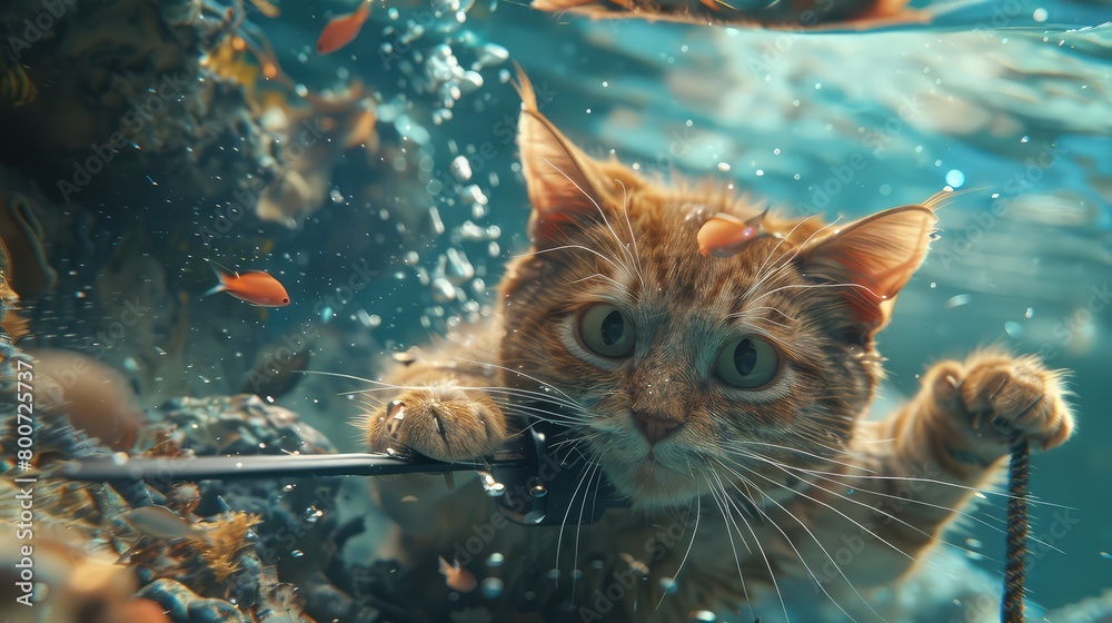 The cat diver with a speargun is under water in the sea. The cat diver with a speargun is under water in the sea.