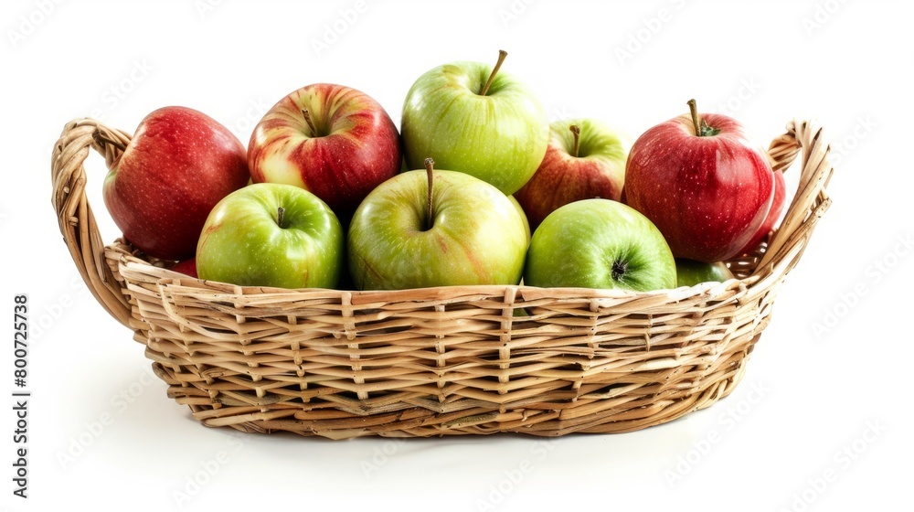 Green and red apples in a wicker basket on a white background. generative ai Green and red apples in a wicker basket on a white background. generative ai