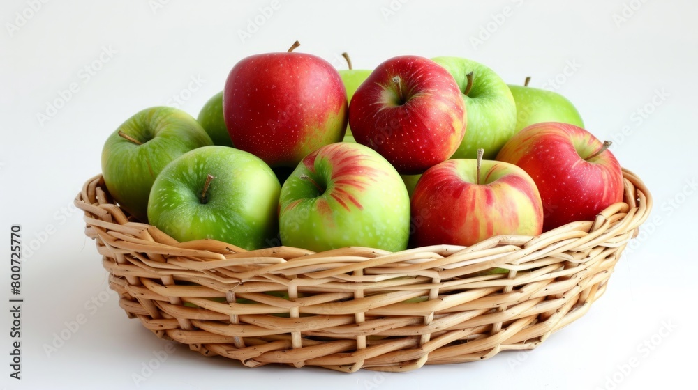 Green and red apples in a wicker basket on a white background. generative ai Green and red apples in a wicker basket on a white background. generative ai