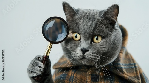 The cat detective with a smoking pipe holds a magnifying glass. White background.