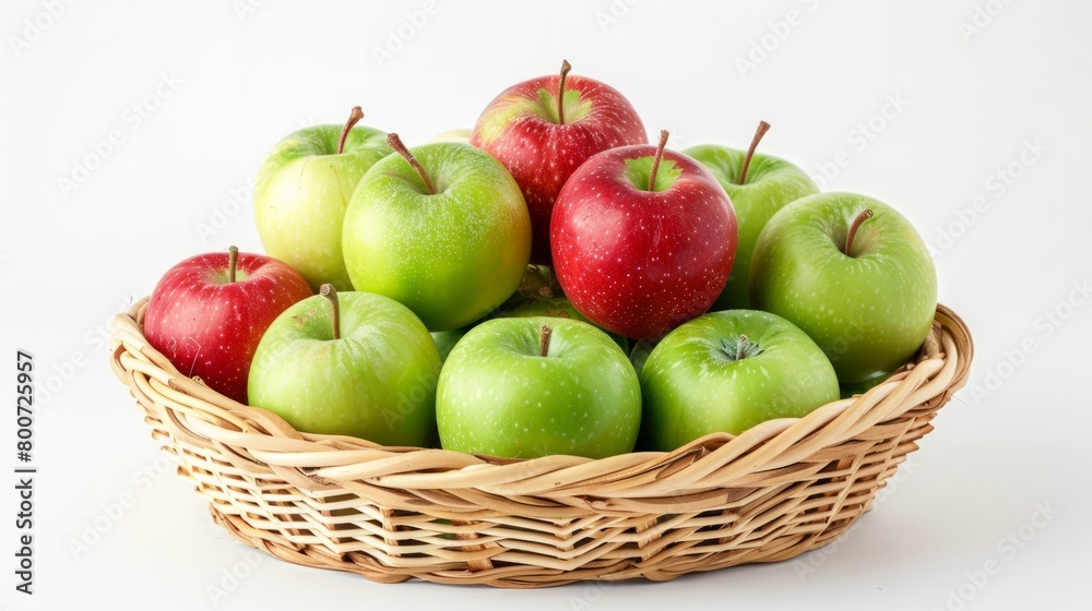 Green and red apples in a wicker basket on a white background. generative ai Green and red apples in a wicker basket on a white background. generative ai