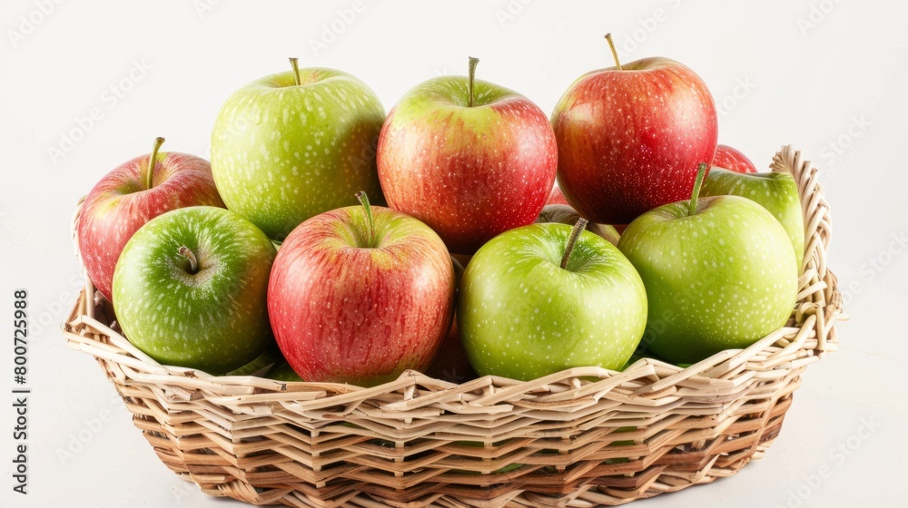 Green and red apples in a wicker basket on a white background. generative ai Green and red apples in a wicker basket on a white background. generative ai