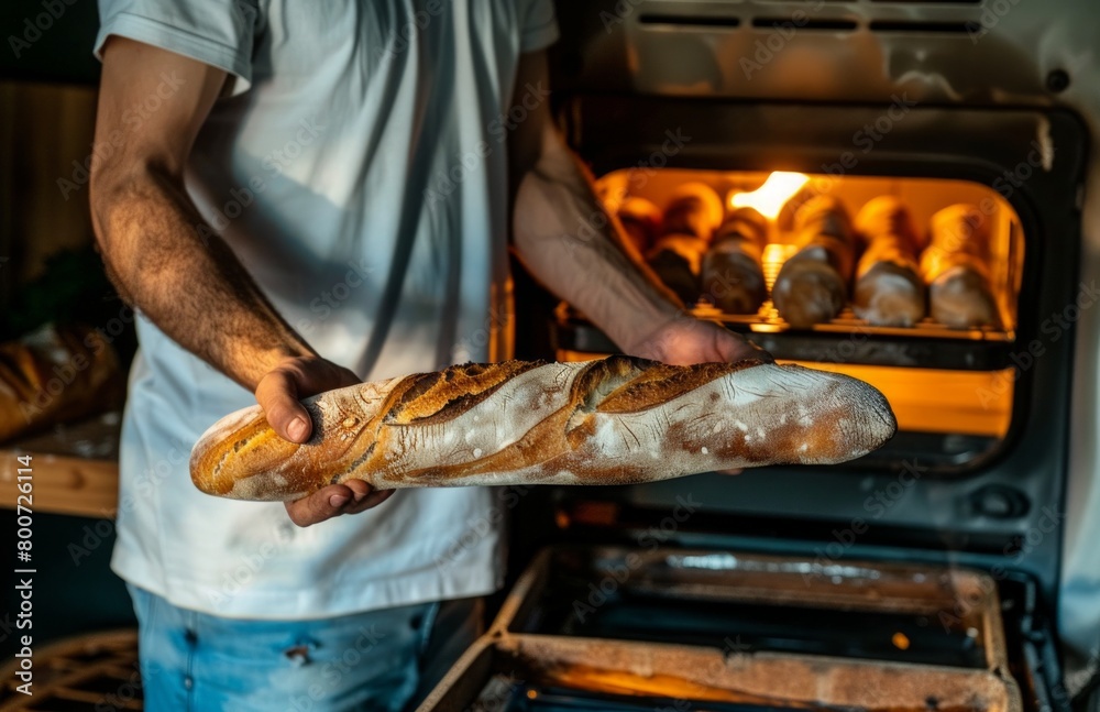 A man is holding a tray of bread in an oven. The bread is brown and looks delicious