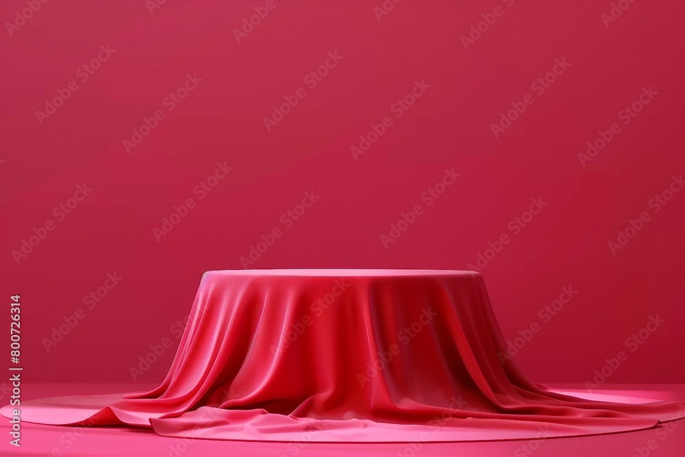 Cylinder podium covered with red cloth on viva magenta background. Premium empty fabric pedestal for product display. generative ai.