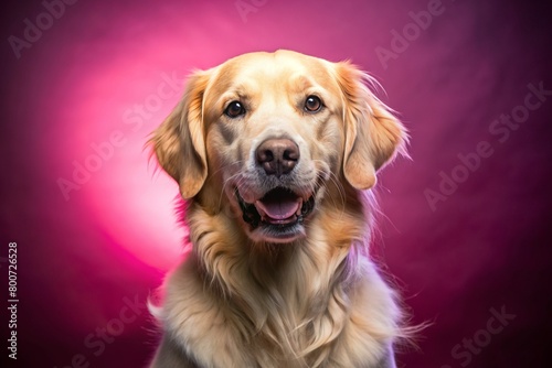 Golden Retriever dog sitting in a close-up photo studio There is lighting like in a pink background photography studio.