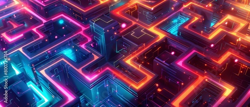 This is an abstract image of a maze. The maze is made up of colorful, glowing lines that criss-cross and intersect. photo
