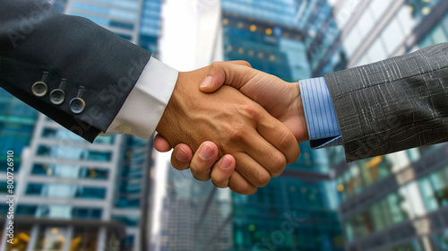 Close-Up Handshake on Business Deal, City Office Backdrop