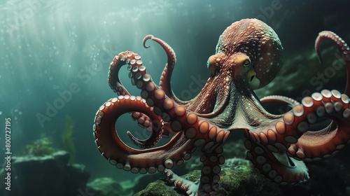An octopus swims in the deep sea