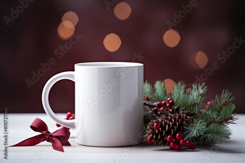 A white mug mockup with Christmas decorations on a table, against a dark brown background