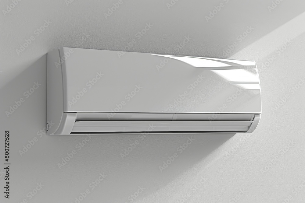 A white air conditioner is mounted on the wall. Summer heat concept A white air conditioner is mounted on the wall. Summer heat concept