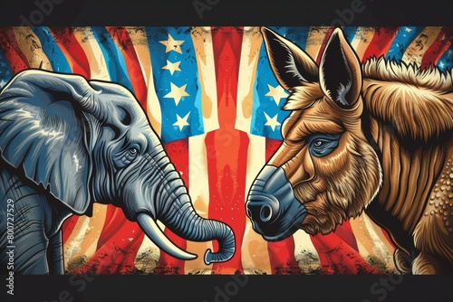 The elephant and donkey political debate. Metaphor with Republicans and Democrats in US politics. Elephant vs donkey photo