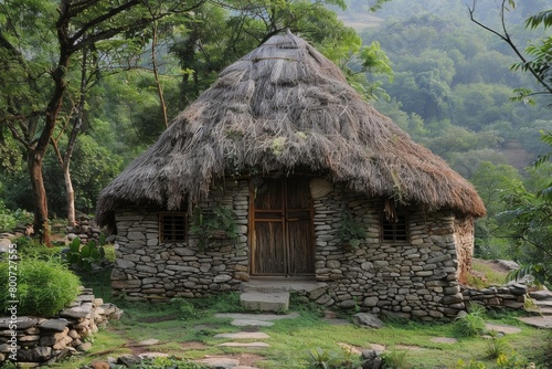 A small, thatched hut with a door and a window
