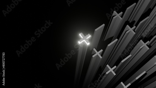 Abstract style illustration of plus and minus signs with one plus sign glowing on a black background photo
