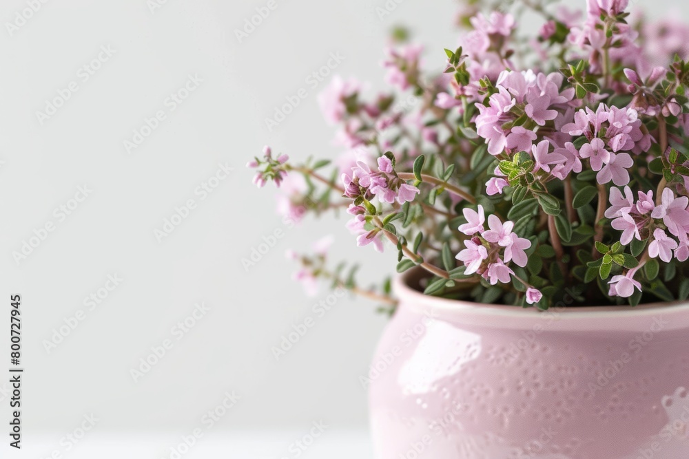 Naklejka premium A cute beautiful vase with small pink flowers inside it isolated against a white background under sunlight.