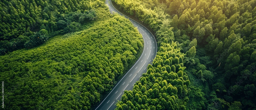 The road is surrounded by green. It winds through the forest.