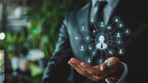 Businessman hand holding virtual medical health care icons with medical network connection. Ai generated photo
