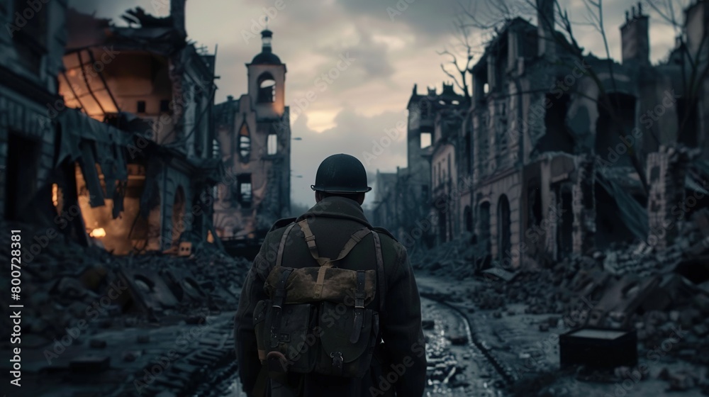 Epic back view of WW2 soldier on battlefield in destroyed eurpoean town. World War II Epic back view of WW2 soldier on battlefield in destroyed eurpoean town. World War II
