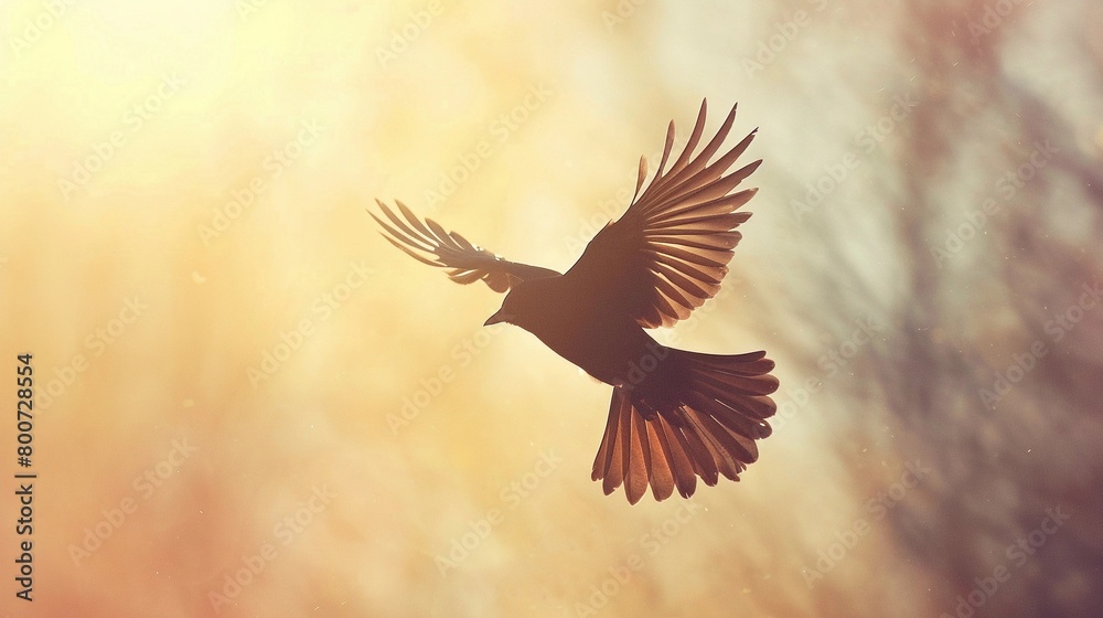 Obraz premium Soaring Bird, A simple bird's silhouette in flight, with outstretched wings against a bright sky