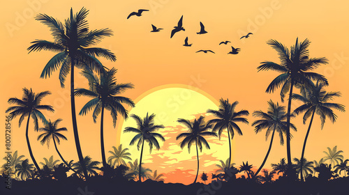 Tropical vector illustration featuring palm trees swaying in warm breeze. Summer vibes