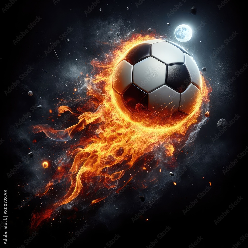 Fototapeta premium Soccer ball flying on fire isolated on a black background