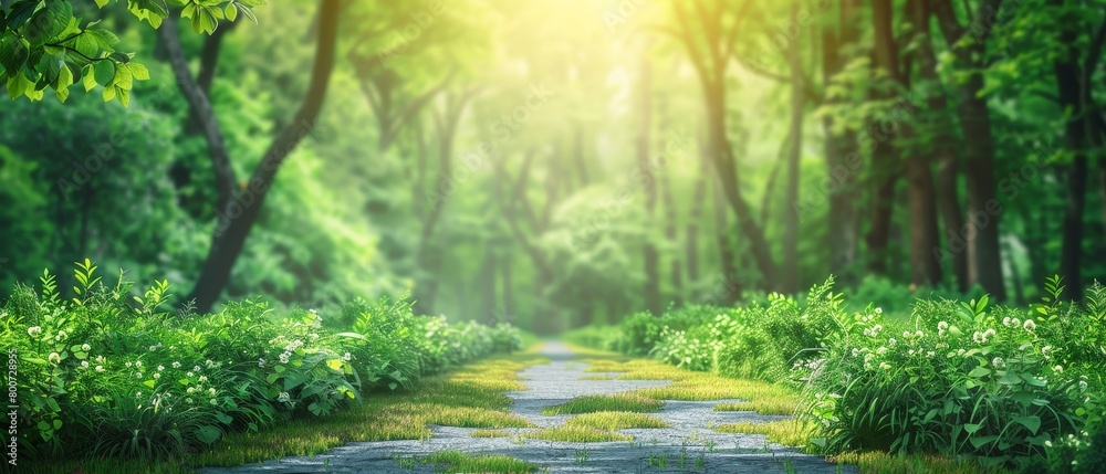 The photo shows a beautiful green forest with a path going through it. The sun is shining through the trees. The photo shows a beautiful green forest with a path going through it. The sun is shining through the trees.