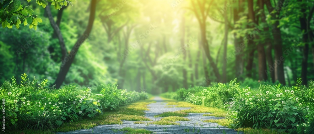 The photo shows a beautiful green forest with a path going through it. The sun is shining through the trees.