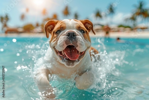 A dog is swimming in a pool and is smiling. Summer heat concept, backdrop