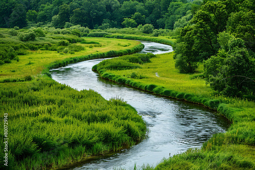 Lush green landscape with a river winding through forested hills and fields
