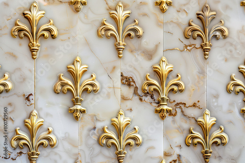 Golden fleurs de luce on ivory marble wall in french palace, hotel. Close up. Indoor shot photo