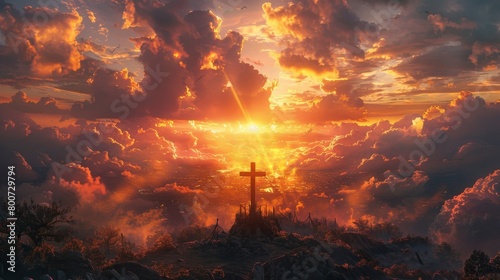 The image shows a sunset over a hill with a large cross in the foreground.