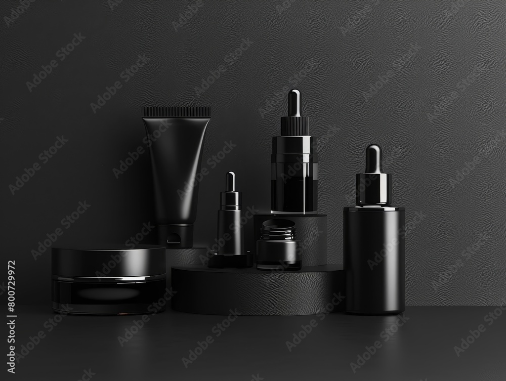 The image shows a set of black cosmetic bottles and jars on a black background
