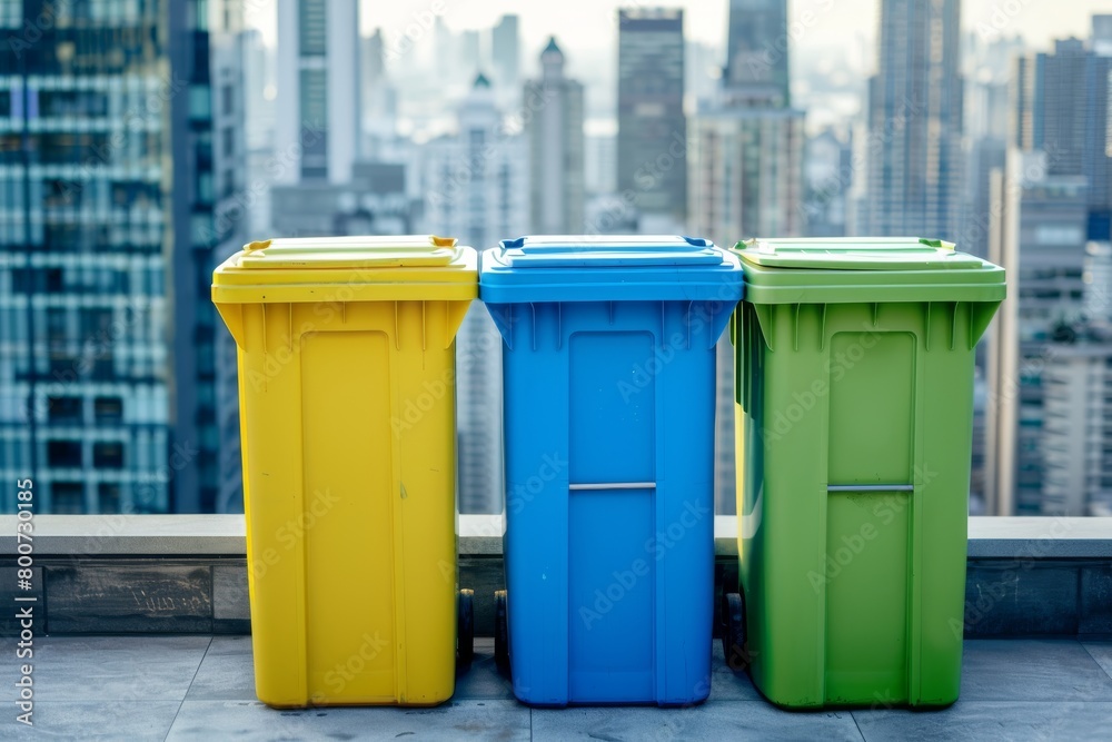 Colorful recycling bins against a cityscape background. Colorful recycling bins against a cityscape background.