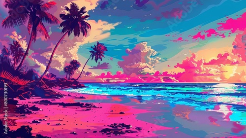 a colorful sunset over a beach with palm trees