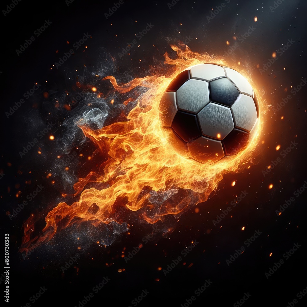 Fototapeta premium Soccer ball flying on fire isolated on a black background