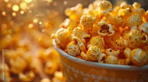 Close-up of freshly popped caramel popcorn in a blue  bowl. photo