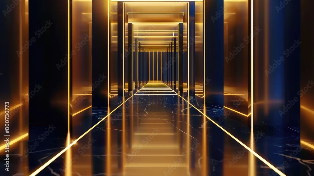 Obraz premium Symmetrical perspective of modern corridor with glowing gold and blue lights