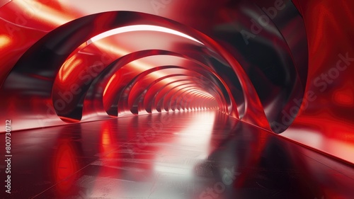 Red futuristic tunnel with reflective surfaces and wavy design photo